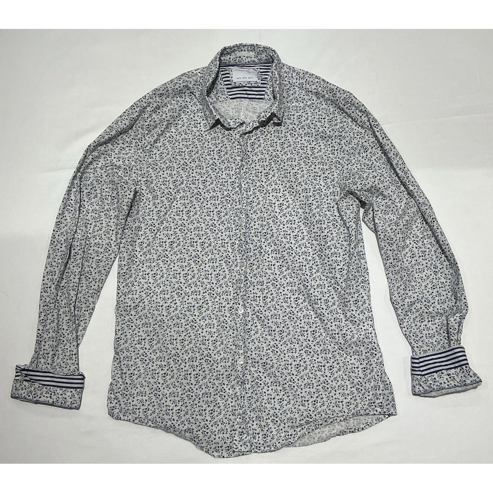 Denim & Flower Shirt Mens Medium White Floral All Over‎ Flip Cuff Casual